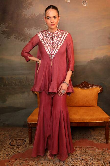 Jigya Japra_Coral Chanderi Mirrors, Embroidery Mandarin Collar Sharara Set _Online_at_Aza_Fashions
