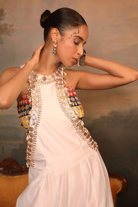 Jigya Japra_White Chanderi Embroidery, Sequins High , Round Jumpsuit Set _Online_at_Aza_Fashions