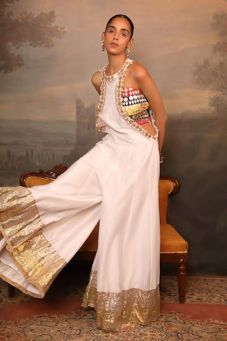 Buy_Jigya Japra_White Chanderi Embroidery, Sequins High , Round Jumpsuit Set _Online_at_Aza_Fashions