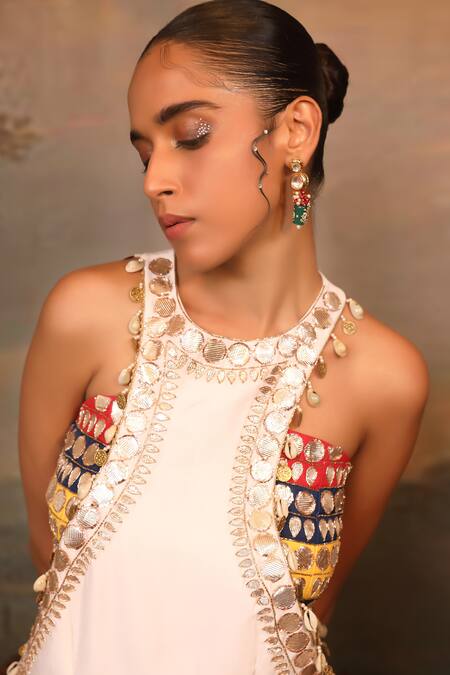 Shop_Jigya Japra_White Chanderi Embroidery, Sequins High , Round Jumpsuit Set _Online_at_Aza_Fashions