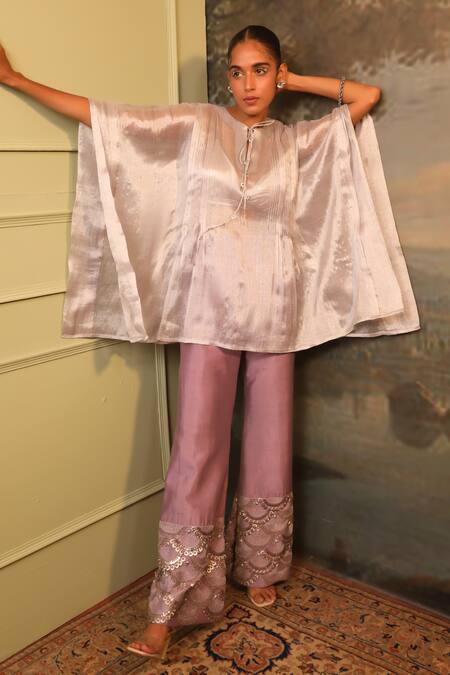 Jigya Japra_Lilac Silk, Tissue Beads Round Neck Designer Purple Kaftan Pant Set _Online_at_Aza_Fashions