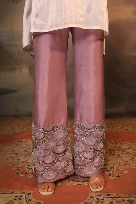 Shop_Jigya Japra_Lilac Silk, Tissue Beads Round Neck Designer Purple Kaftan Pant Set _Online_at_Aza_Fashions