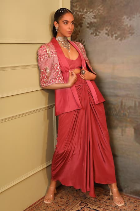 Jigya Japra_Pink Crepe, Chanderi, Silk, Satin Dusty Chidar Cowl Skirt And Blazer Set _Online_at_Aza_Fashions