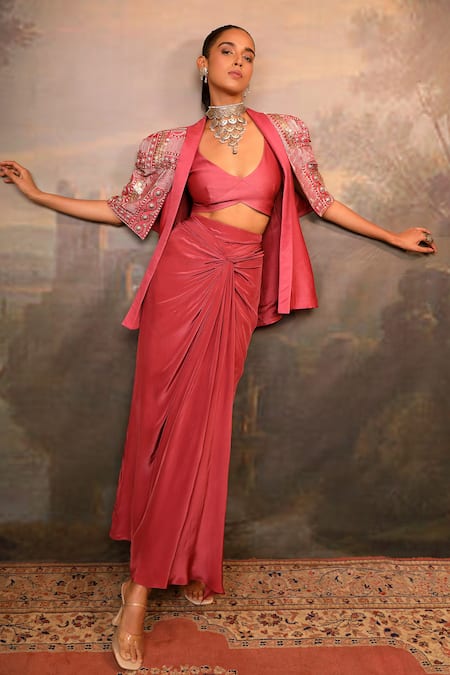 Jigya Japra Dusty Chidar Cowl Skirt & Blazer Set 