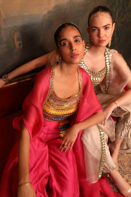 Buy_Jigya Japra_Beige , Silk, Silk, Organza Mirrors Round Neck Cape Set 