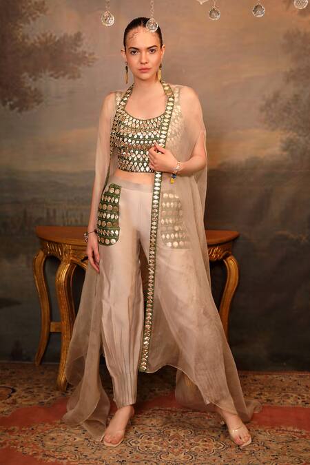 Shop_Jigya Japra_Beige , Silk, Silk, Organza Mirrors Round Neck Cape Set 