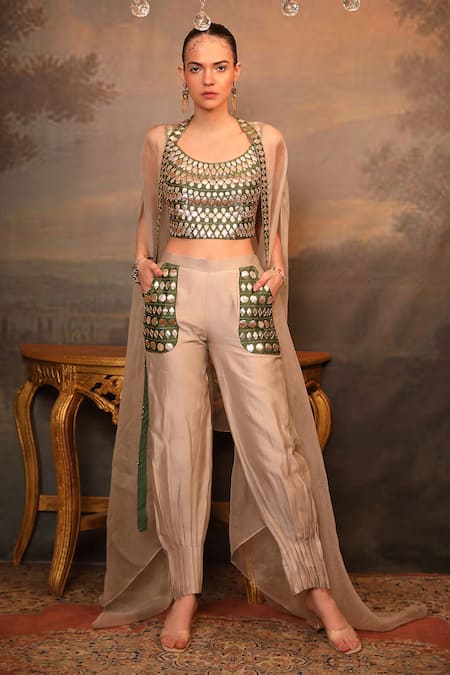 Jigya Japra Beige Chanderi Silk Cape Set 