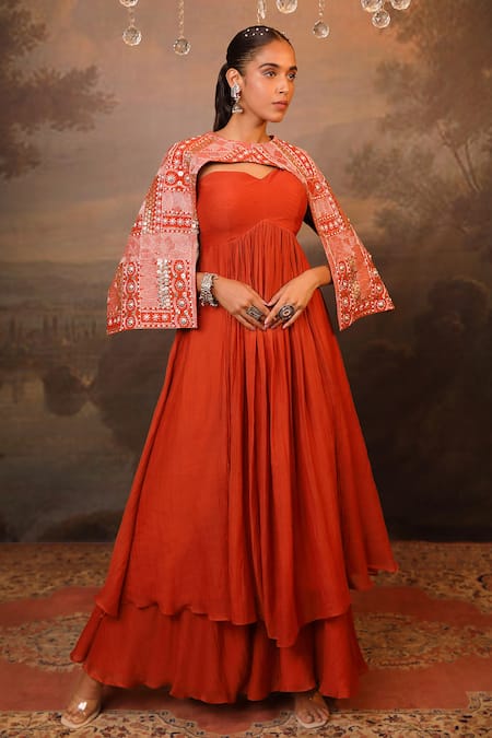 Jigya Japra Cinnamon Orange Anarkali & Cape Set 