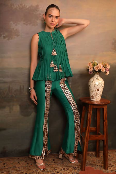Jigya Japra Rama Green Chanderi Top & Pant Set 