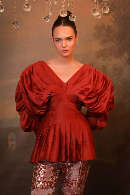 Jigya Japra Rust Red Chanderi Silk Top & Pant Set 