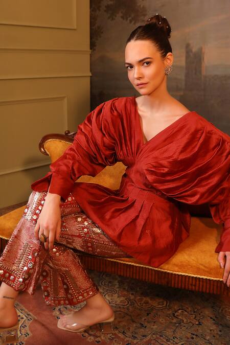 Buy_Jigya Japra_Rust Chanderi Silk Embroidery, Sequins V-neck Red Top And Pant Set _Online_at_Aza_Fashions