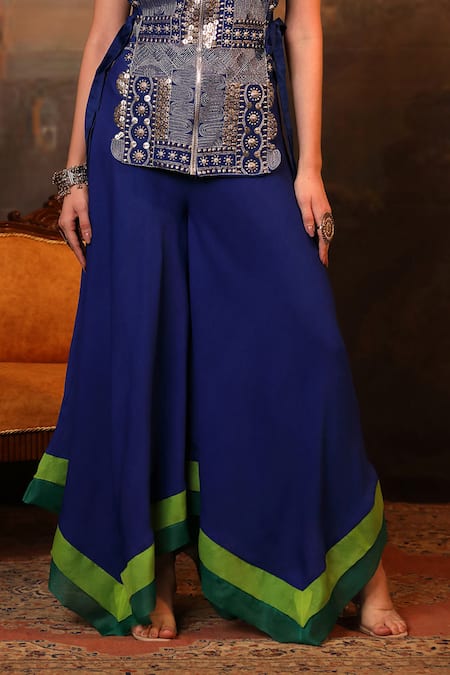 Jigya Japra Blue Chanderi Silk, Georgette Beads, Sequins Royal Designer Cape And Palazzo Set Online at Aza Fashions Jigya Japra_Blue Chanderi Silk, Georgette Beads, Sequins Royal Designer Cape And Palazzo Set _Online_at_Aza_Fashions