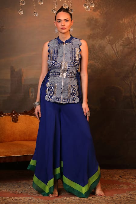 Jigya Japra Blue Chanderi Silk, Georgette Beads, Sequins Royal Designer Cape And Palazzo Set 