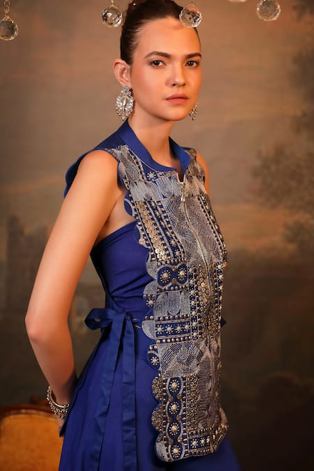 Shop_Jigya Japra_Blue Chanderi Silk, Georgette Beads, Sequins Royal Designer Cape And Palazzo Set _Online_at_Aza_Fashions