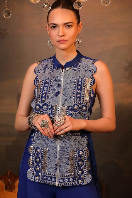 Jigya Japra_Blue Chanderi Silk, Georgette Beads, Sequins Royal Designer Cape And Palazzo Set _at_Aza_Fashions