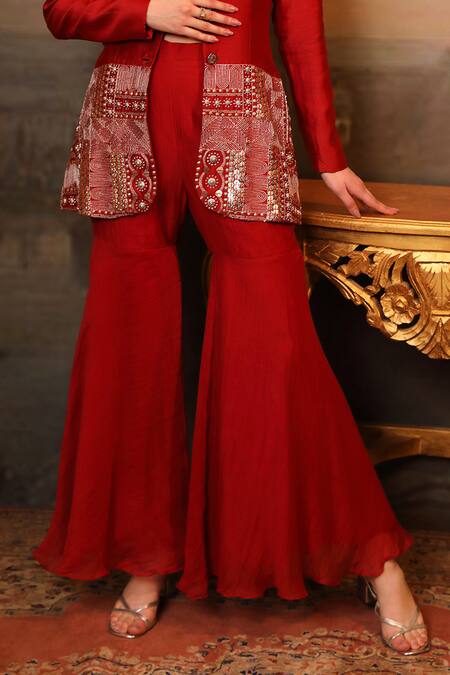 Jigya Japra_Maroon Chanderi Beads, Embroidery Round Neck Blazer Sharara Set _Online_at_Aza_Fashions