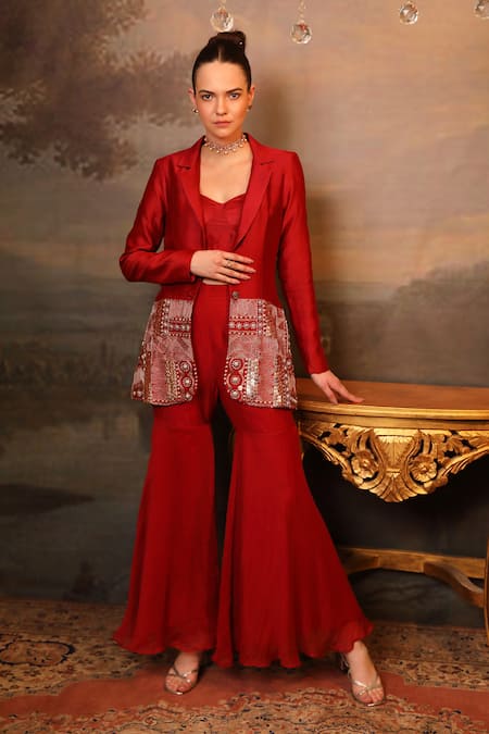 Jigya Japra Embroidered Maroon Blazer Sharara Set 