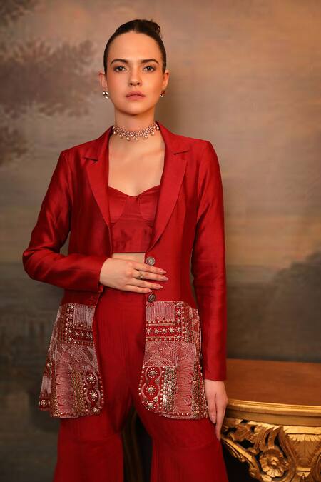 Jigya Japra_Maroon Chanderi Beads, Embroidery Round Neck Blazer Sharara Set _at_Aza_Fashions