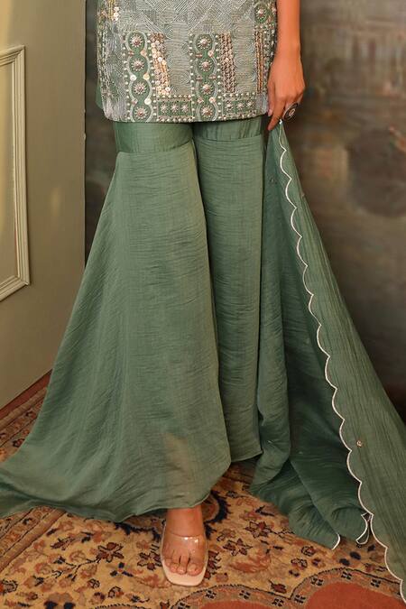 Jigya Japra_Green Chanderi Sequins, Embroidery, Mirrors Round Neck Sage Kurta Sharara Set _Online_at_Aza_Fashions