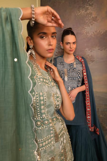 Buy_Jigya Japra_Green Chanderi Sequins, Embroidery, Mirrors Round Neck Sage Kurta Sharara Set _Online_at_Aza_Fashions