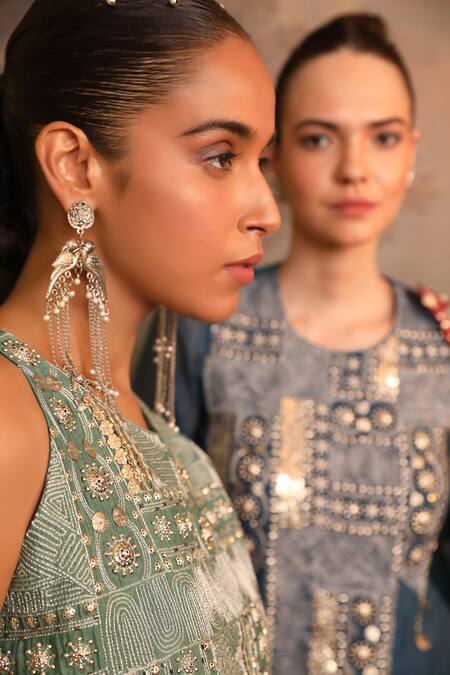 Shop_Jigya Japra_Green Chanderi Sequins, Embroidery, Mirrors Round Neck Sage Kurta Sharara Set _Online_at_Aza_Fashions