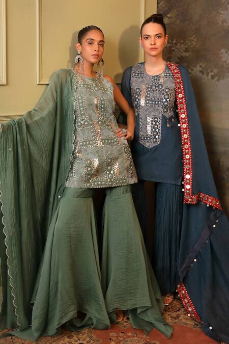 Shop_Jigya Japra_Green Chanderi Sequins, Embroidery, Mirrors Round Neck Sage Kurta Sharara Set 