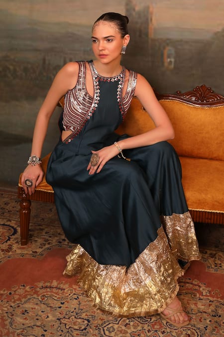 Jigya Japra_Blue Chanderi Silk Beads, Embroidery Round Neck Metal Jumpsuit Set _Online_at_Aza_Fashions