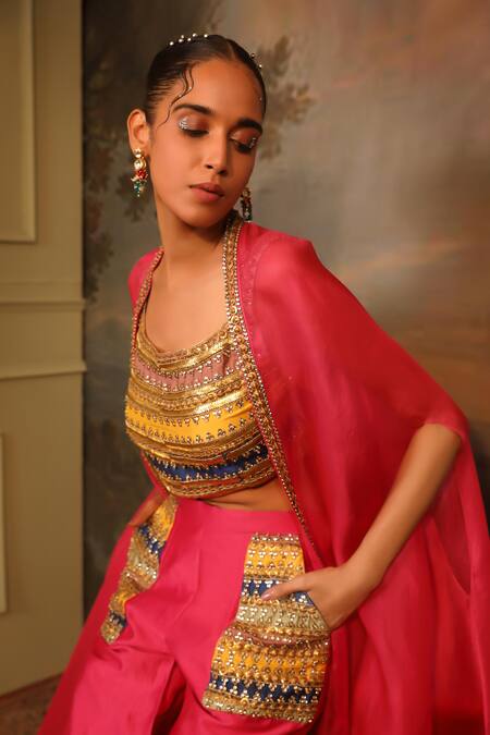 Buy_Jigya Japra_Magenta Organza Embroidery, Beads Round Neck Cape Set _Online_at_Aza_Fashions