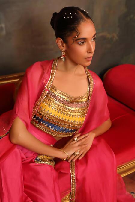 Shop_Jigya Japra_Magenta Organza Embroidery, Beads Round Neck Cape Set _Online_at_Aza_Fashions