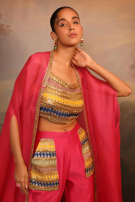 Jigya Japra Magenta Organza Cape Set 