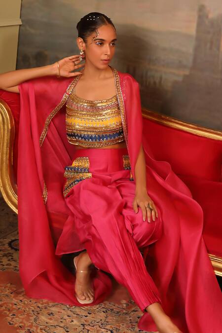 Buy_Jigya Japra_Magenta Organza Embroidery, Beads Round Neck Cape Set 