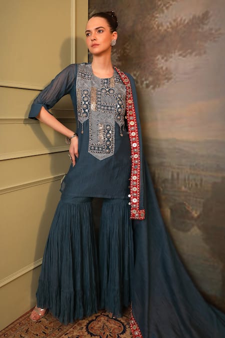 Jigya Japra Peacock Blue Chanderi Kurta Sharara Set 