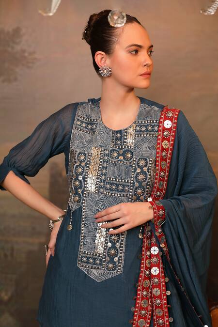 Jigya Japra_Blue Chanderi Mirrors, Embroidery, Sequins Round Peacock Kurta Sharara Set _Online_at_Aza_Fashions