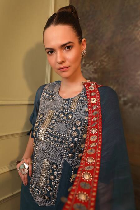 Buy_Jigya Japra_Blue Chanderi Mirrors, Embroidery, Sequins Round Peacock Kurta Sharara Set _Online_at_Aza_Fashions
