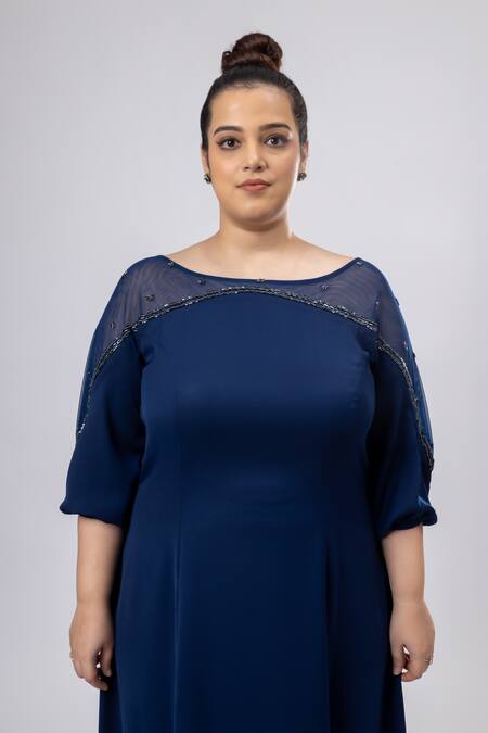 Mamicha_Navy Crepe Boat Neck Designer Blue Dress_Online_at_Aza_Fashions