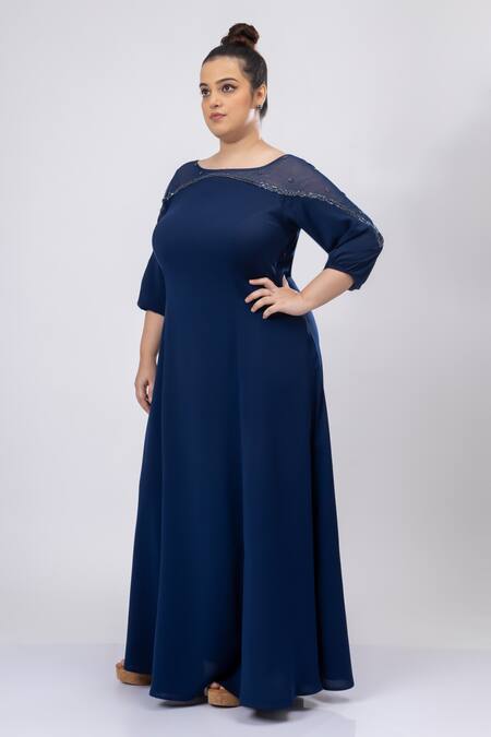 Buy_Mamicha_Navy Crepe Boat Neck Designer Blue Dress_Online_at_Aza_Fashions