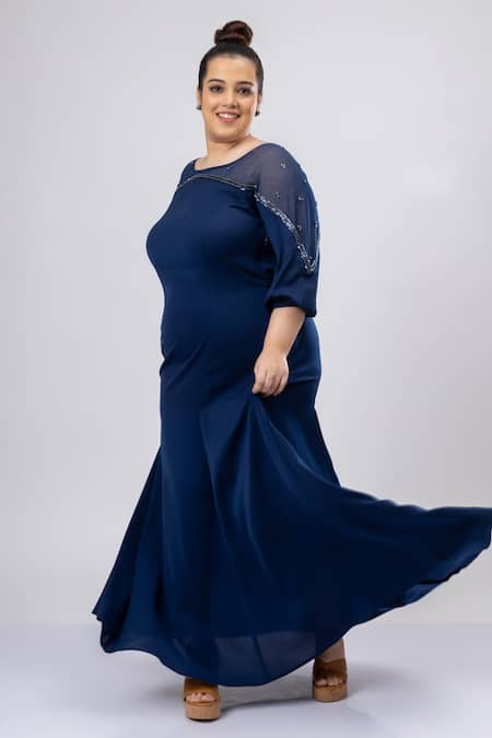 Shop_Mamicha_Navy Crepe Boat Neck Designer Blue Dress_Online_at_Aza_Fashions