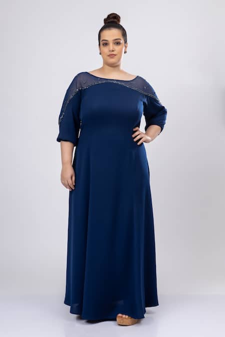 Mamicha Navy Crepe Boat Neck Designer Blue Dress 