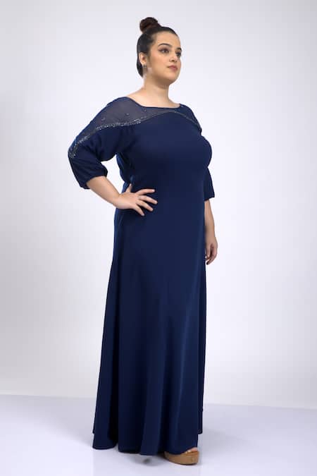 Mamicha_Navy Crepe Boat Neck Designer Blue Dress_at_Aza_Fashions