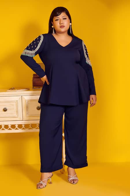 Mamicha Navy Crepe Beads V-neck Blue Cipher Peplum Top And Pant Set