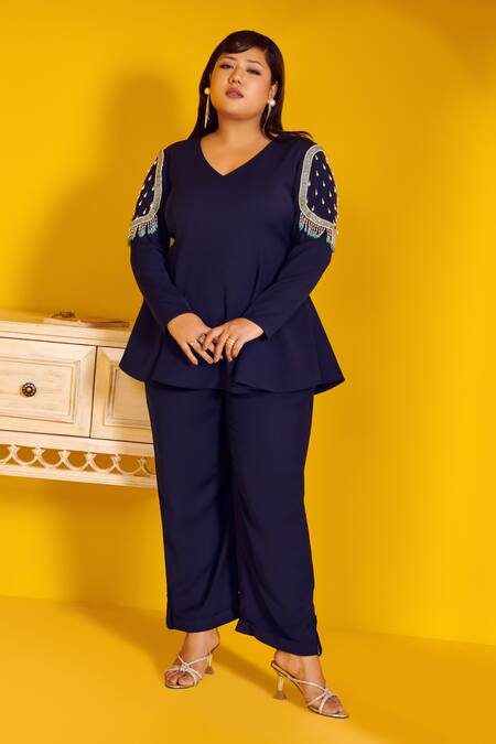 Buy Mamicha Navy Crepe Beads V-neck Blue Cipher Peplum Top And Pant Set Online at Aza Fashions Buy_Mamicha_Navy Crepe Beads V-neck Blue Cipher Peplum Top And Pant Set_Online_at_Aza_Fashions