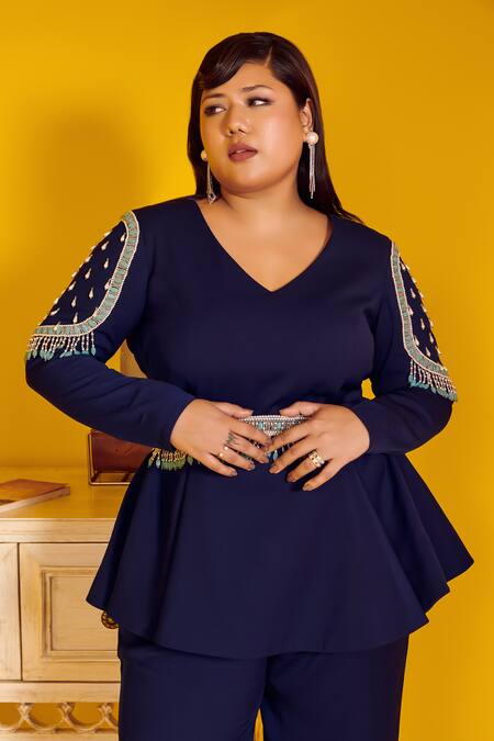 Shop Mamicha Navy Crepe Beads V-neck Blue Cipher Peplum Top And Pant Set Online at Aza Fashions Shop_Mamicha_Navy Crepe Beads V-neck Blue Cipher Peplum Top And Pant Set_Online_at_Aza_Fashions