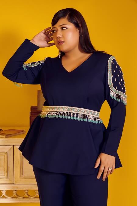 Mamicha Navy Crepe Beads V-neck Blue Cipher Peplum Top And Pant Set at Aza Fashions Mamicha_Navy Crepe Beads V-neck Blue Cipher Peplum Top And Pant Set_at_Aza_Fashions
