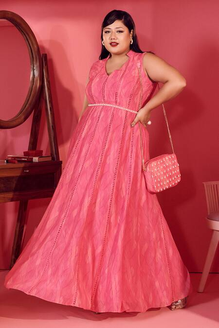 Mamicha_Pink Georgette V-neck Cobweb Dress_Online_at_Aza_Fashions