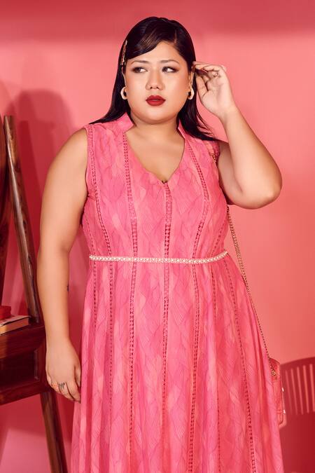 Buy_Mamicha_Pink Georgette V-neck Cobweb Dress_Online_at_Aza_Fashions