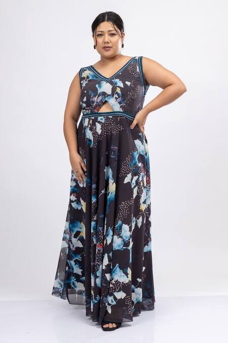 Buy_Mamicha_Black Georgette Embroidery V-neck Floral Print Gown_Online_at_Aza_Fashions