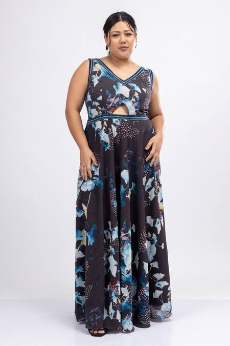 Shop_Mamicha_Black Georgette Embroidery V-neck Floral Print Gown_Online_at_Aza_Fashions