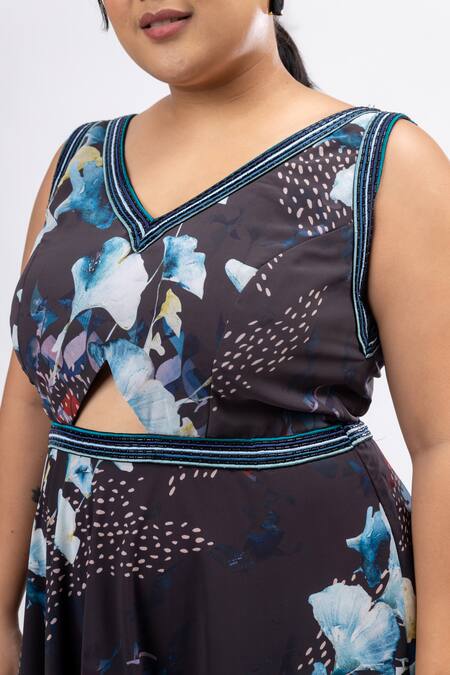 Mamicha_Black Georgette Embroidery V-neck Floral Print Gown_at_Aza_Fashions