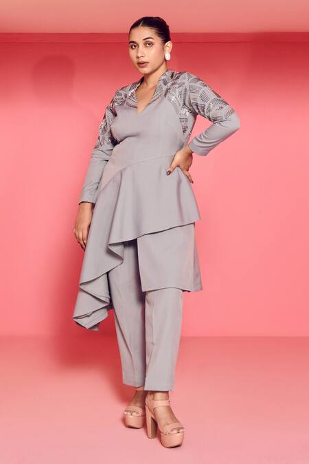 Mamicha_Gray Crepe Embroidery V-neck Designer Mirage Co-ord Set_Online_at_Aza_Fashions