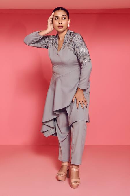 Buy_Mamicha_Gray Crepe Embroidery V-neck Designer Mirage Co-ord Set_Online_at_Aza_Fashions